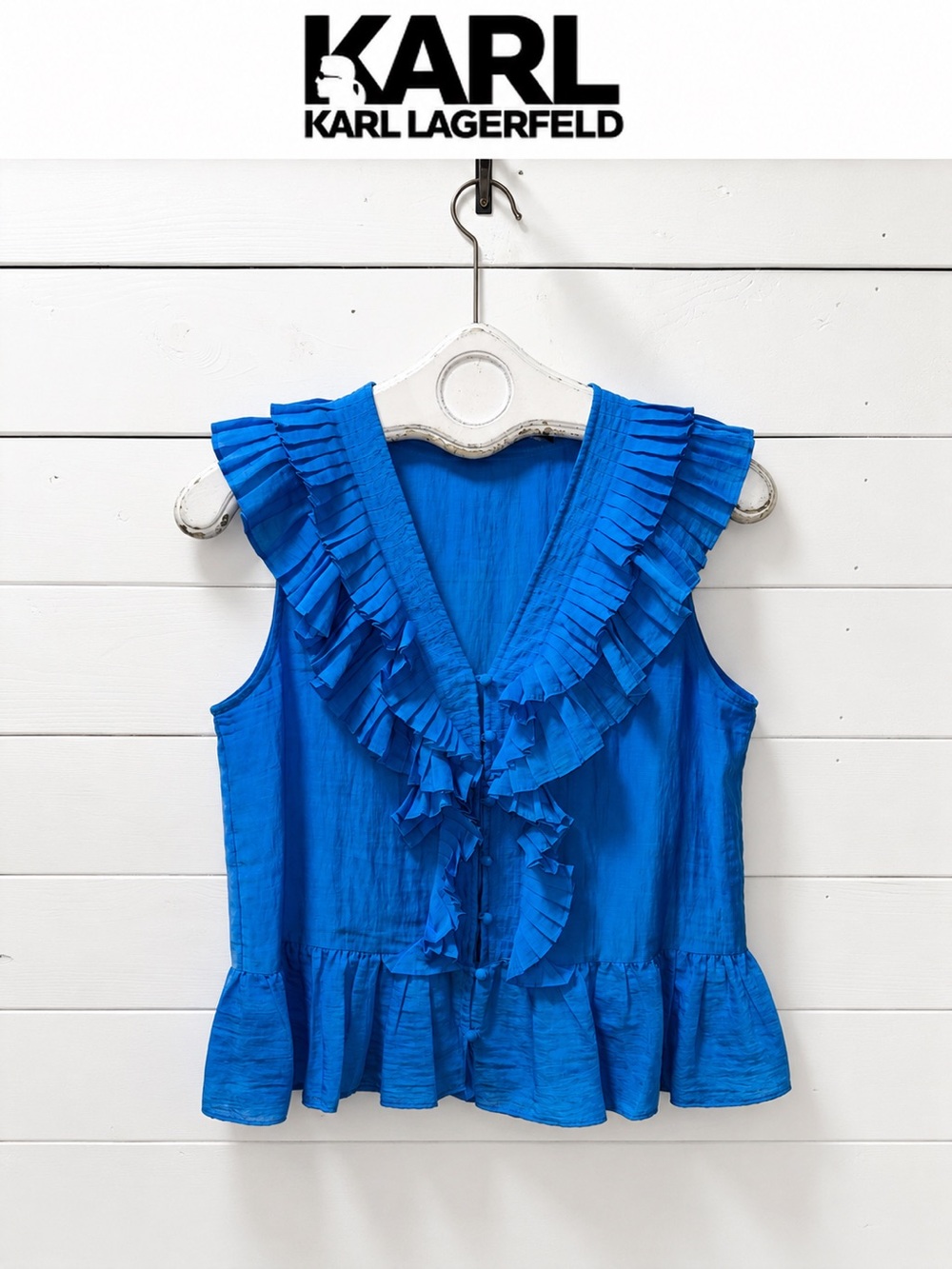 Karl Lagerfeld Paris Ruffle Sleeveless Blouse Blue Size S